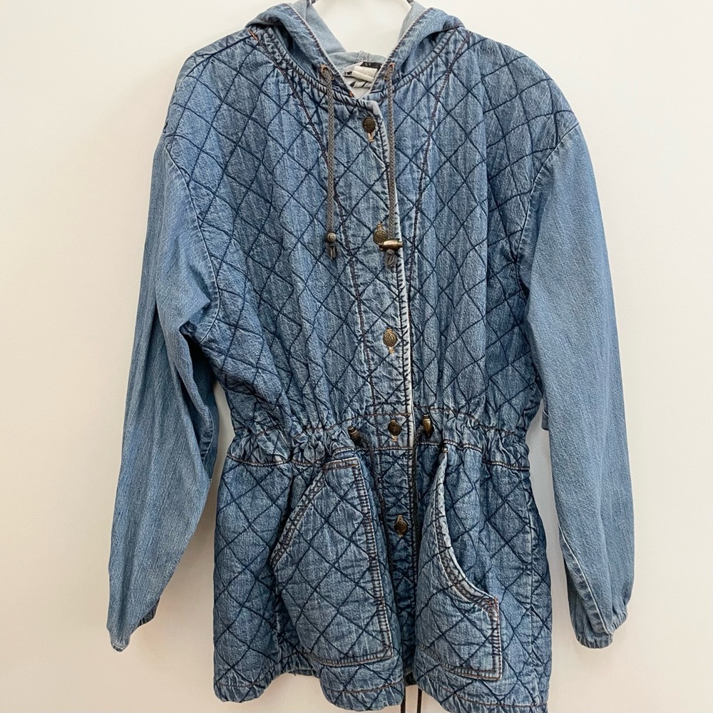Vintage denim long duster jacket with cinched waist
